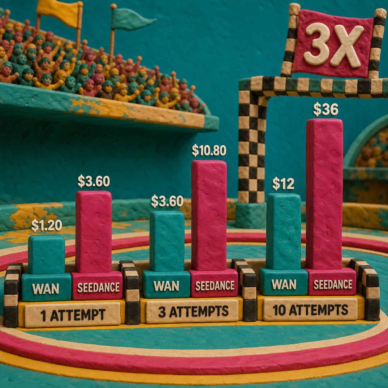 Clay bar chart comparing Wan 3.0 and Seedance 2.5 costs for one, three, and ten 30-second attempts