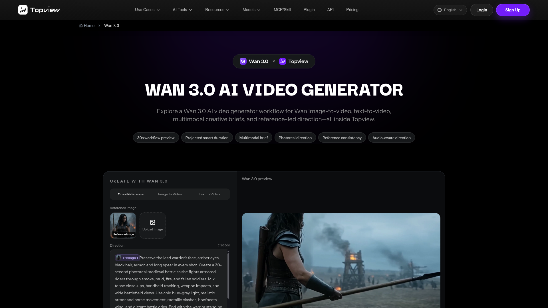 Wan 3.0 generation page on Topview
