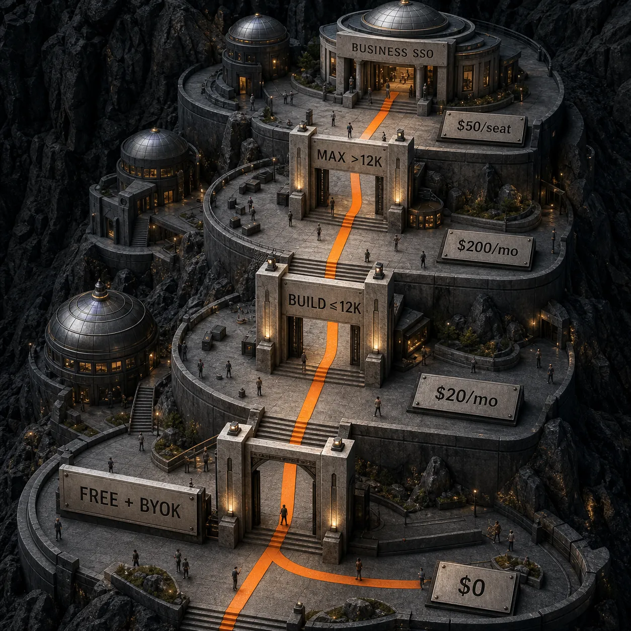مسار قرار يوجه مستخدمي Warp إلى Free مع BYOK، أو Build عند 12,000 رصيد أو أقل، أو Max فوق 12,000، أو Business عند الحاجة إلى SSO