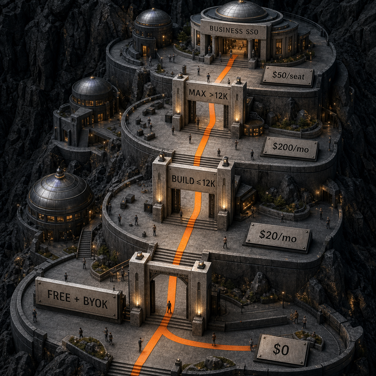 Decision path routing Warp users to Free with BYOK, Build at 12,000 credits or less, Max above 12,000, and Business for SSO