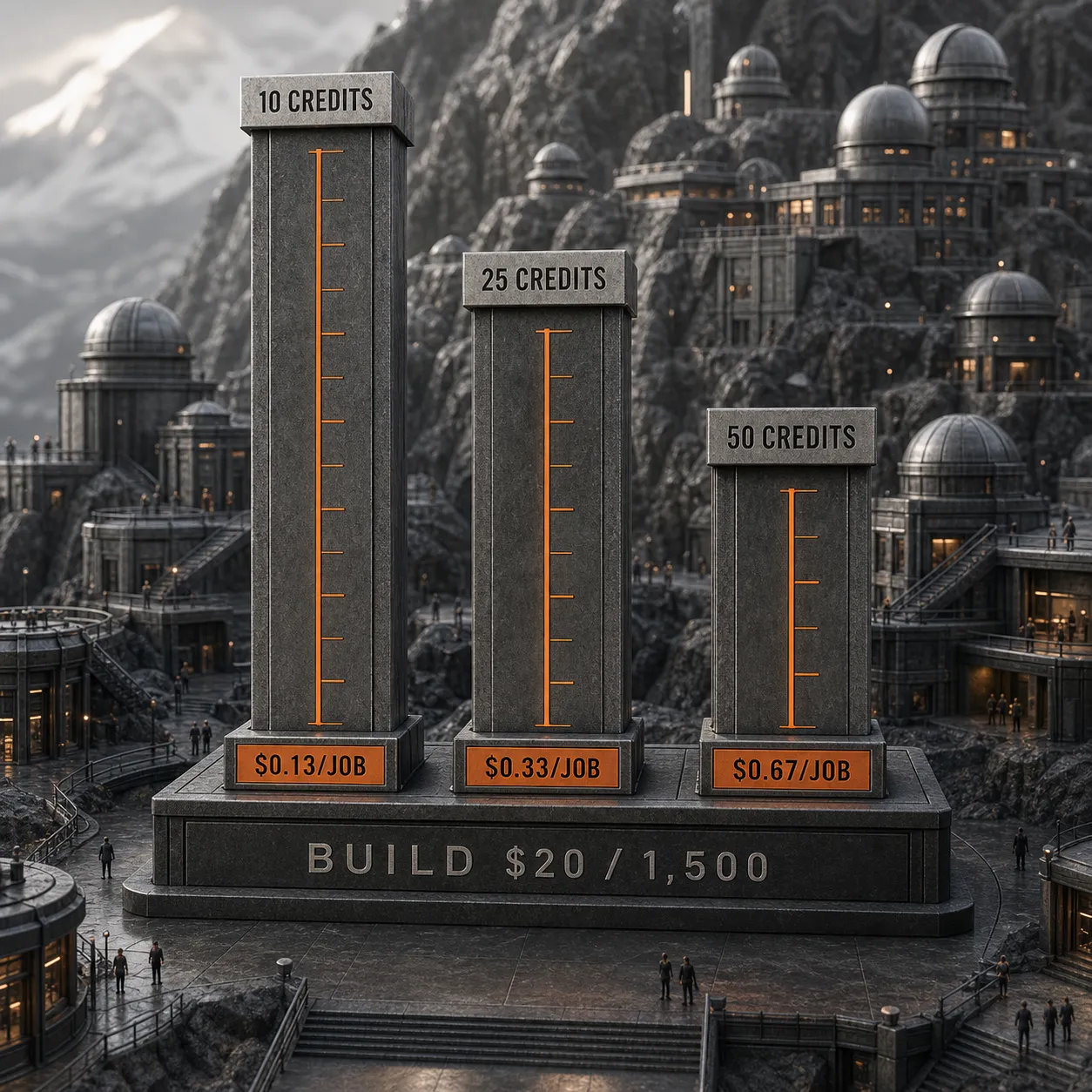 ثلاثة أعمدة قياس تعرض تكلفة النتيجة في Warp Build عند استهلاك 10 و25 و50 رصيدًا لكل مهمة