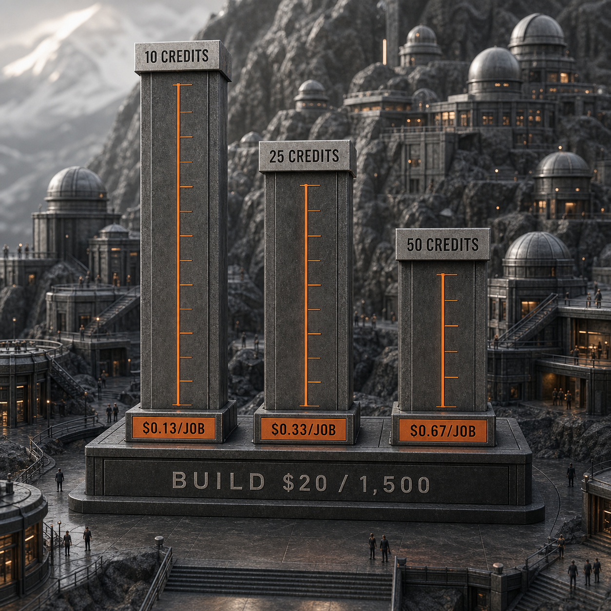 Three measurement columns showing Warp Build cost per outcome at 10, 25, and 50 credits per job