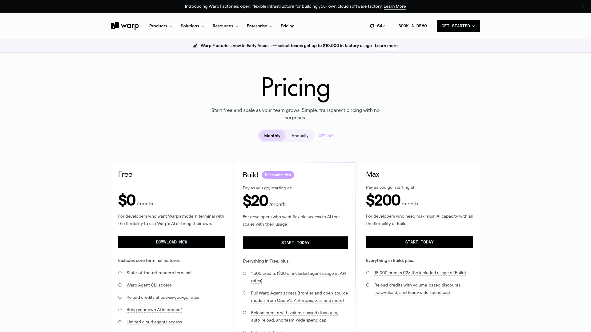 Warp pricing page showing Free, Build, Max, Business, and Enterprise plans
