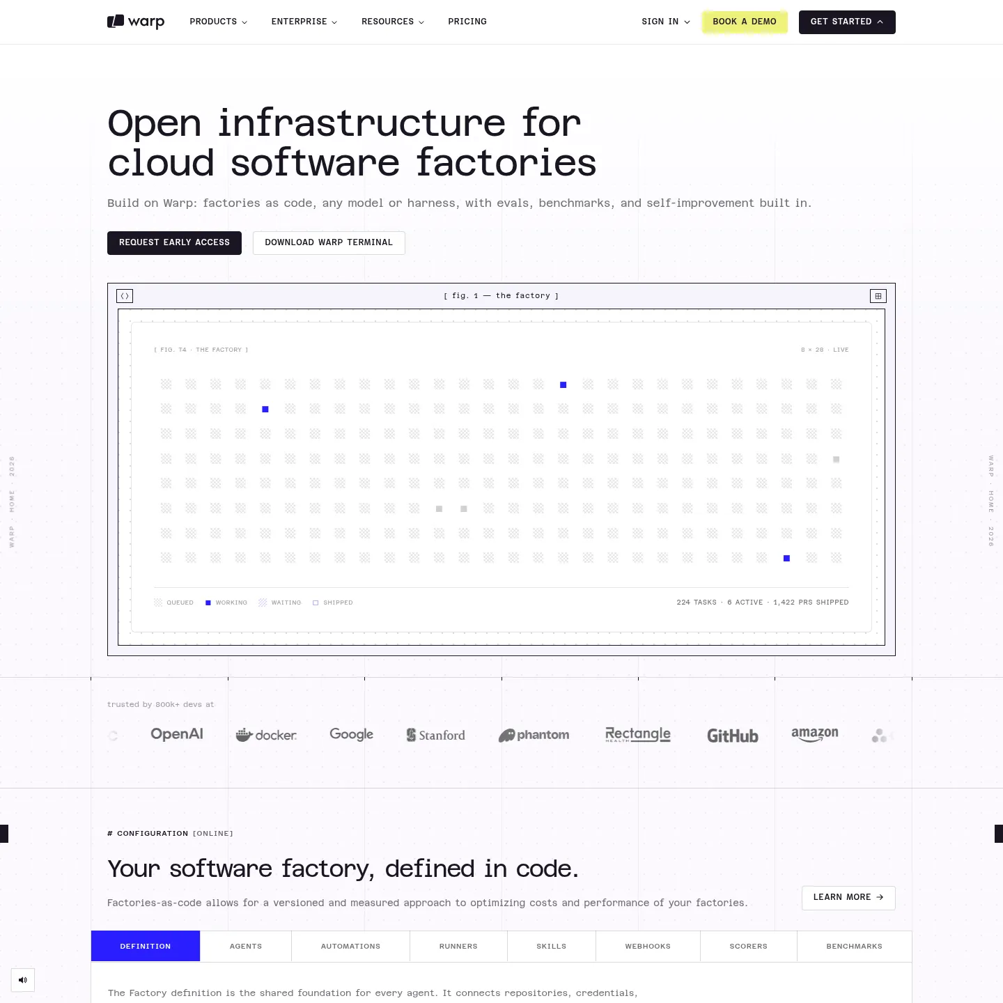Публичная главная страница Warp, представляющая расширенную платформу автоматизации разработки ПО
