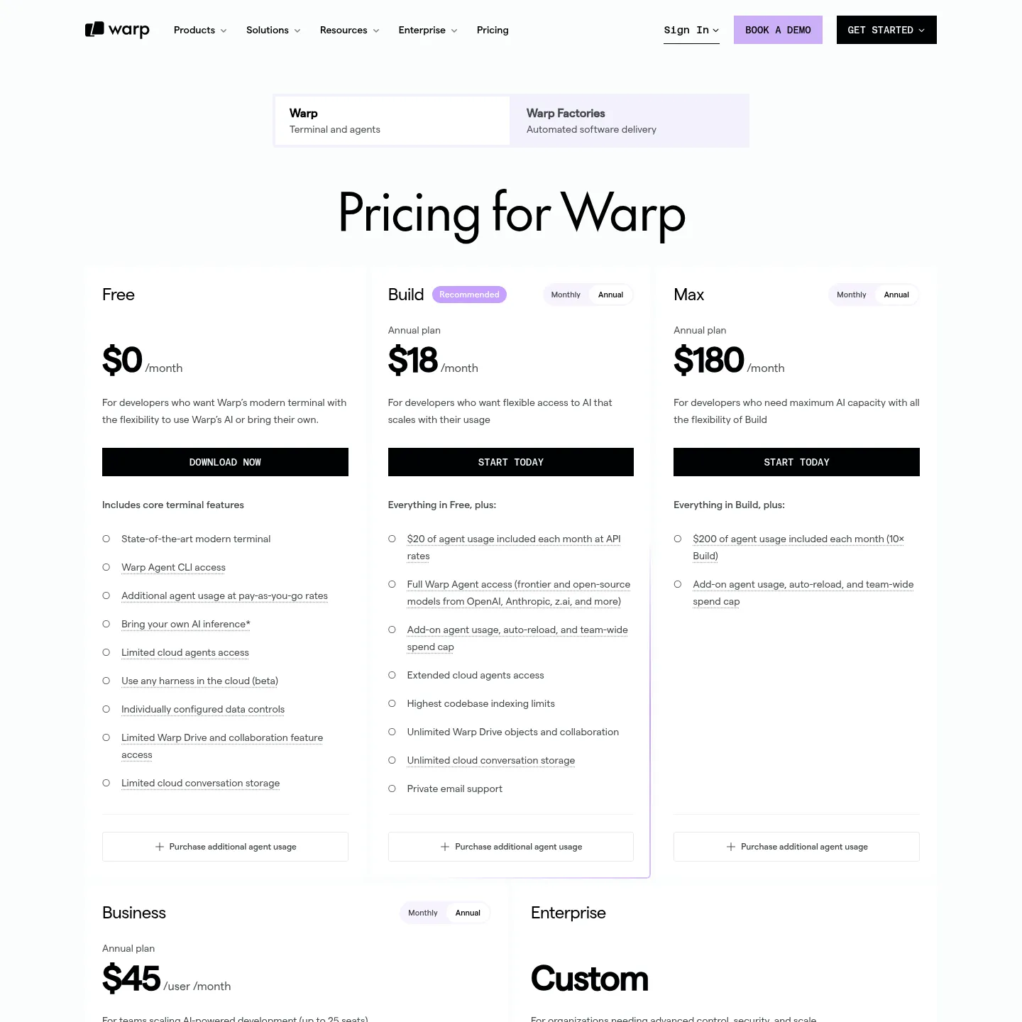 Актуальная публичная страница тарифов Warp с планами для терминала и агентов
