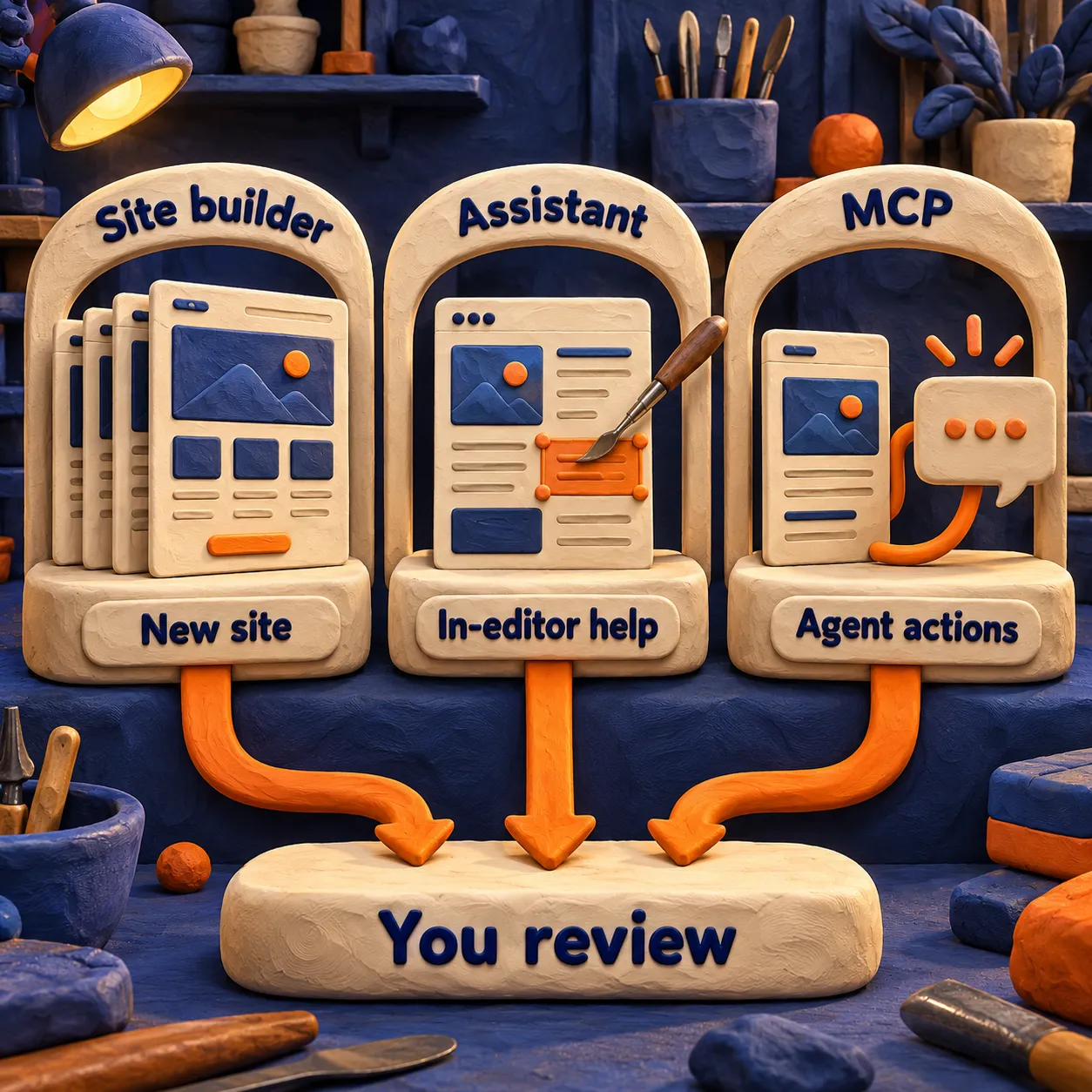 Three clay stations distinguish the site builder for a new site, the Assistant for in-editor help, and MCP for agent actions, all leading to human review.