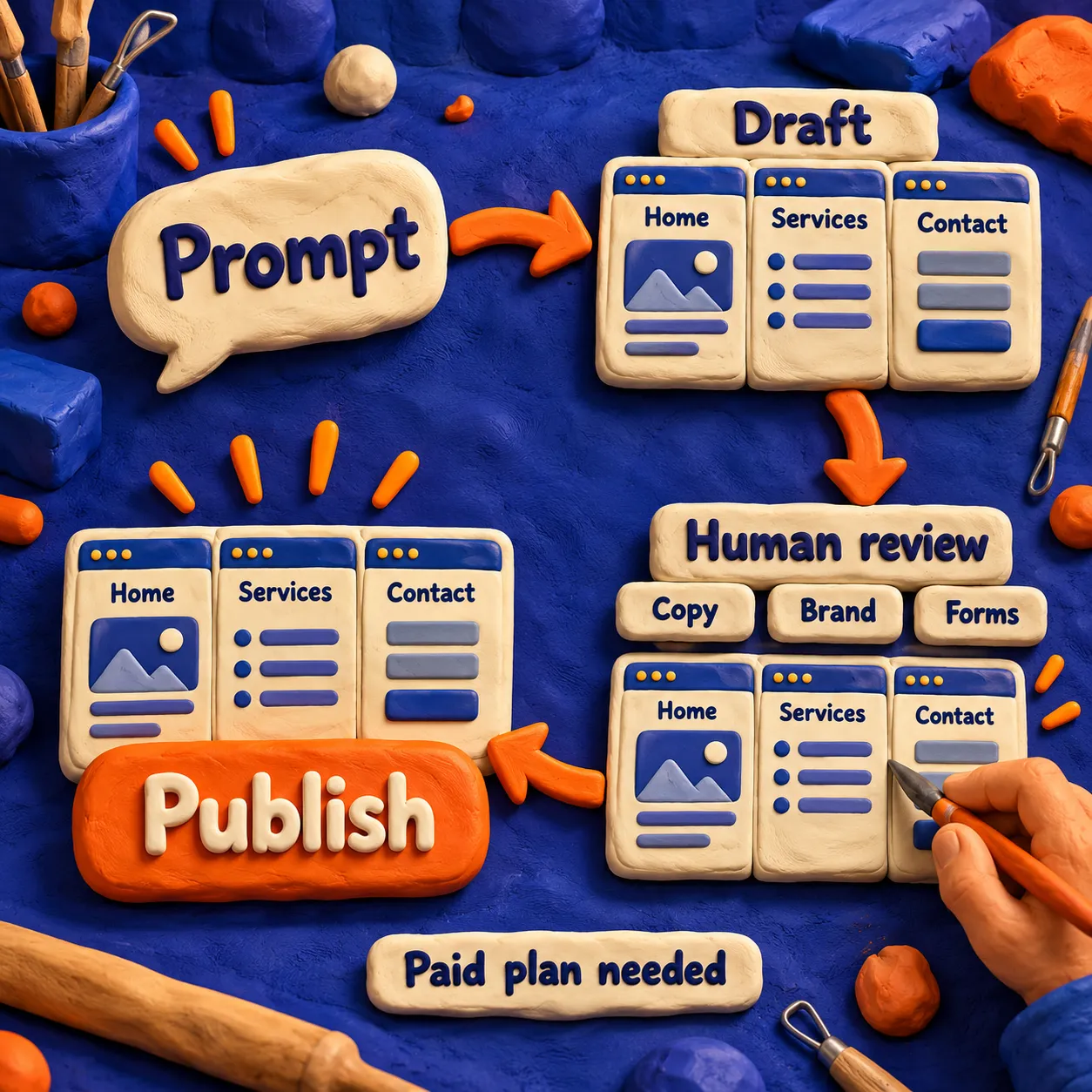 A clockwise clay workflow moves from a prompt to Home, Services and Contact drafts, through human review of copy, brand and forms, to publishing.