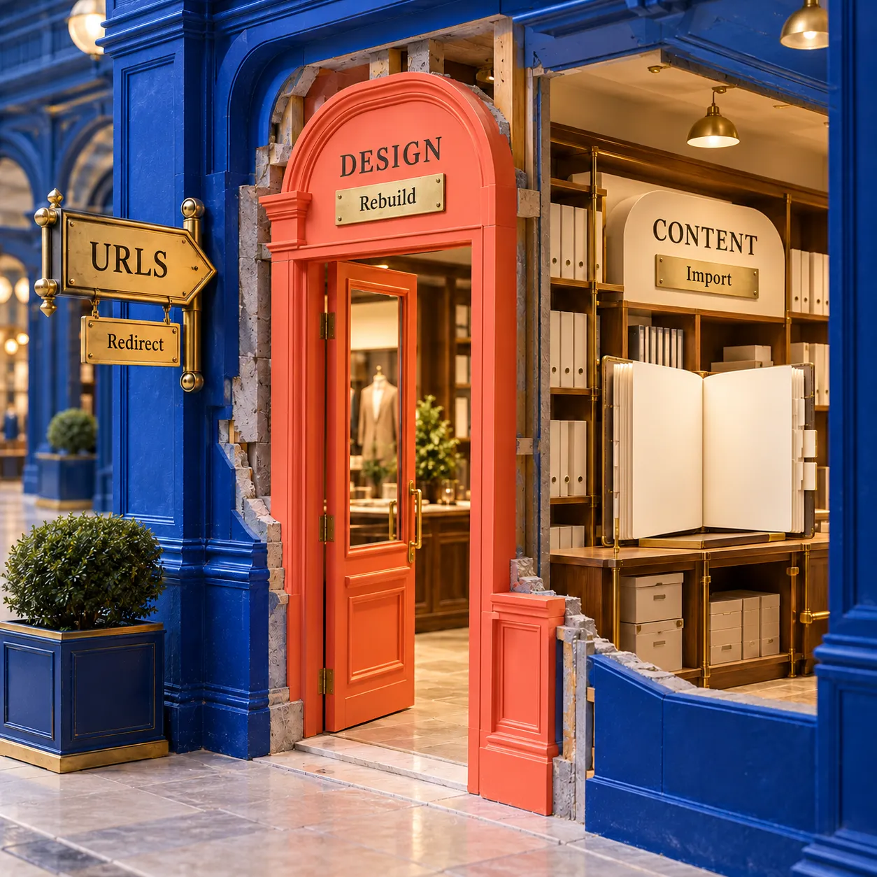 A storefront cutaway separates rebuilding the design, importing content and redirecting visitors
