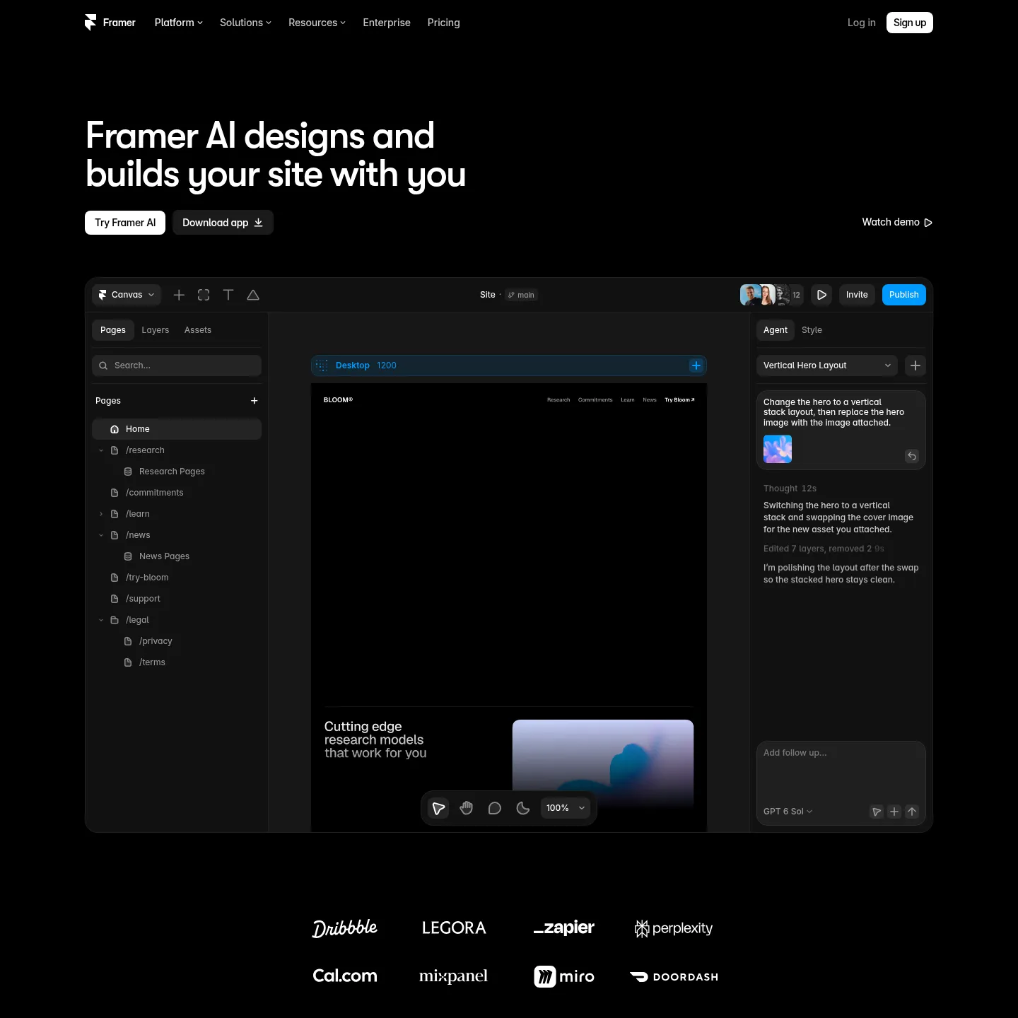 Framer's official page showing AI agents working with an editable website canvas