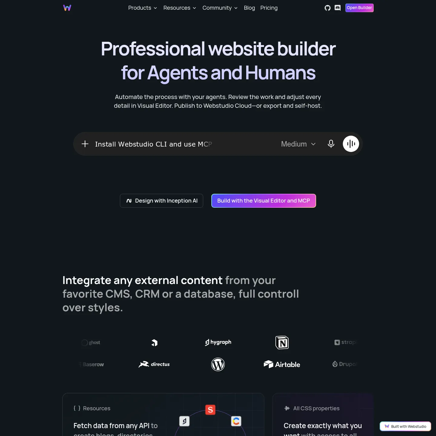 Webstudio's official website showing its visual editor and external CMS approach