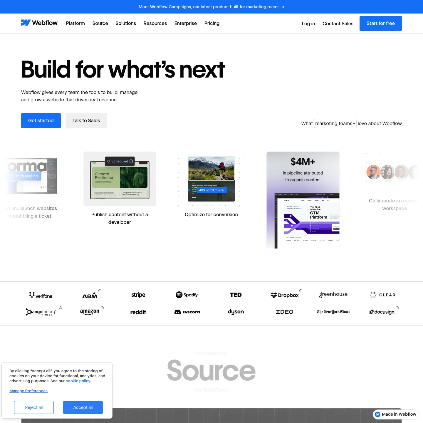 Webflow's official website presenting its visual website platform