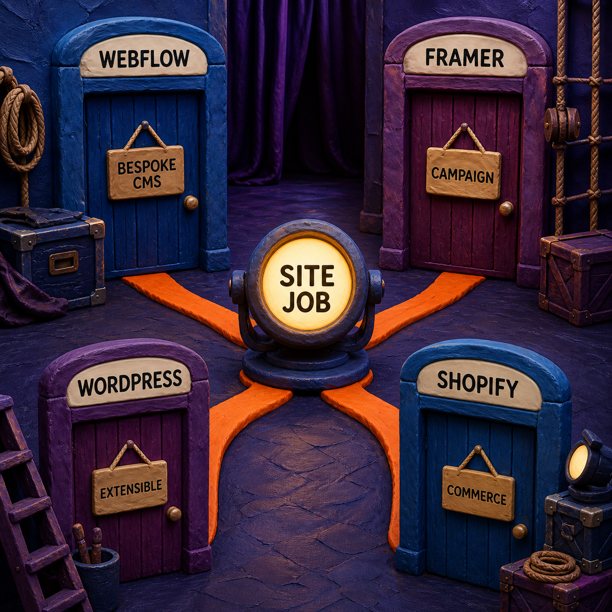 Decision flow routing bespoke CMS sites to Webflow, campaigns to Framer, extensible sites to WordPress, and commerce to Shopify