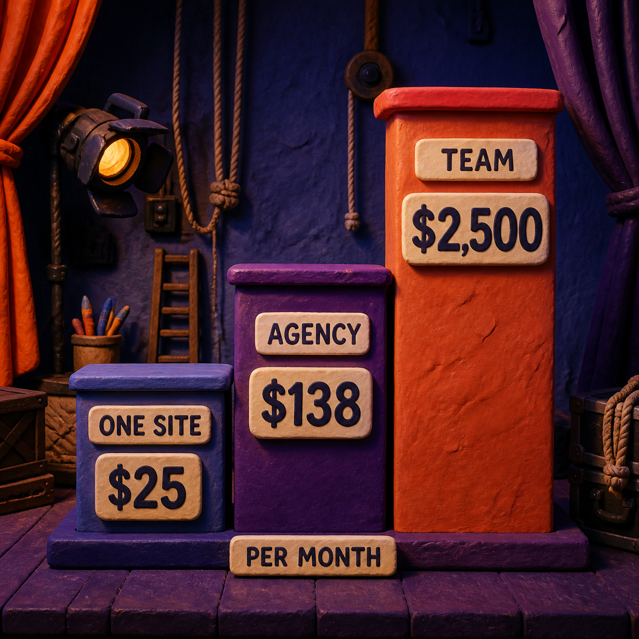 Stepped Webflow cost comparison showing one site at 25 dollars, an agency setup at 138 dollars, and Team at 2500 dollars per month