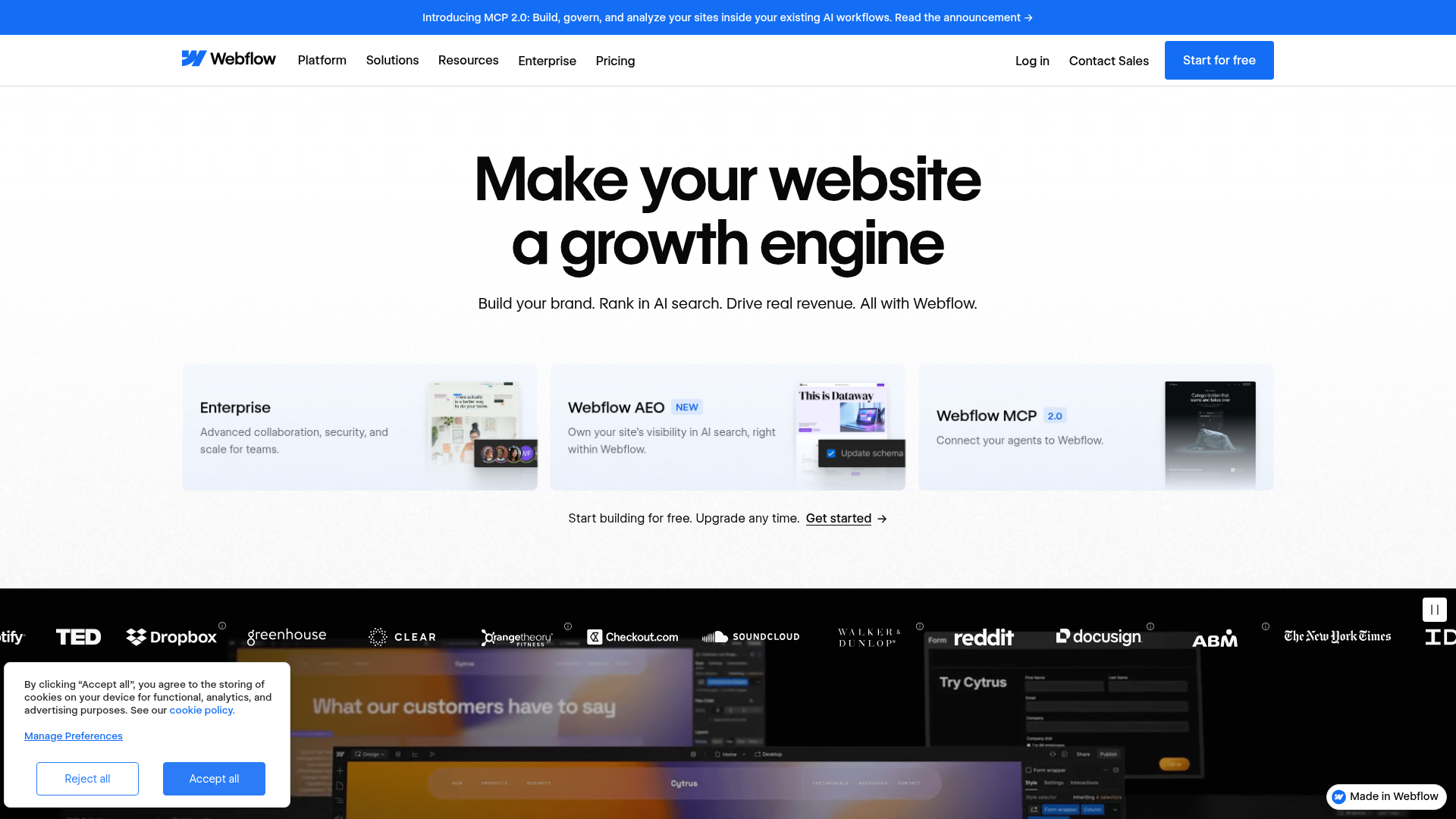 Webflow homepage presenting its visual web development platform
