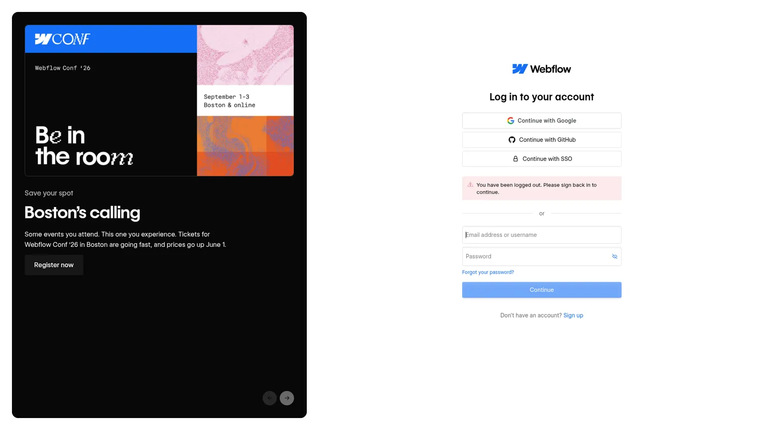 لوحة Webflow العامة ومدخل تسجيل الدخول