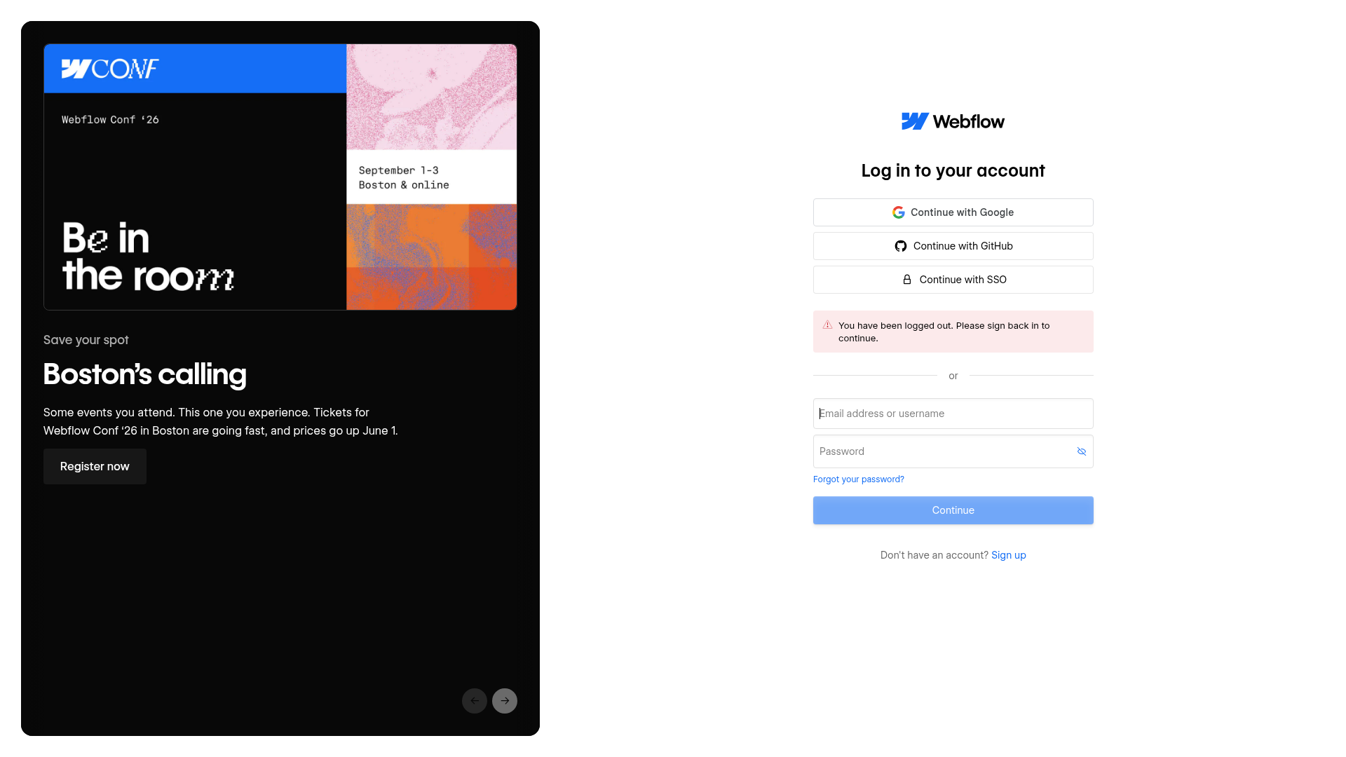 Webflow public dashboard and sign-in entry point