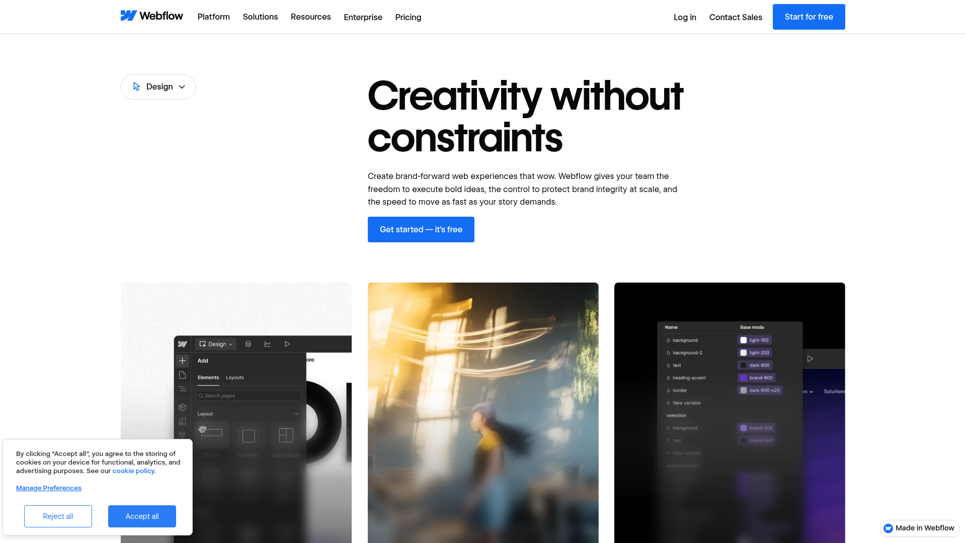 Webflow visual designer and design-system capabilities