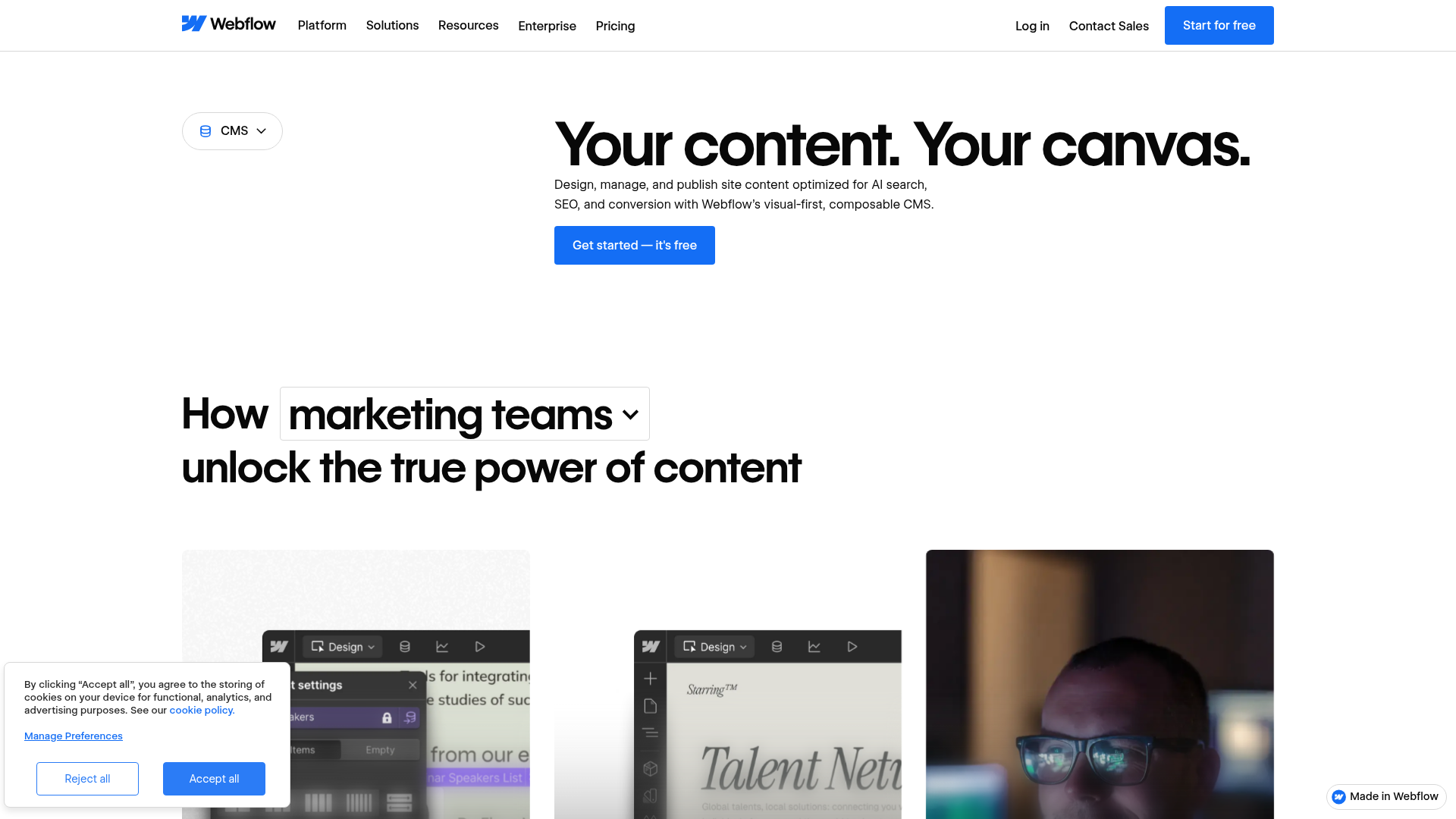 Webflow CMS visual content management interface