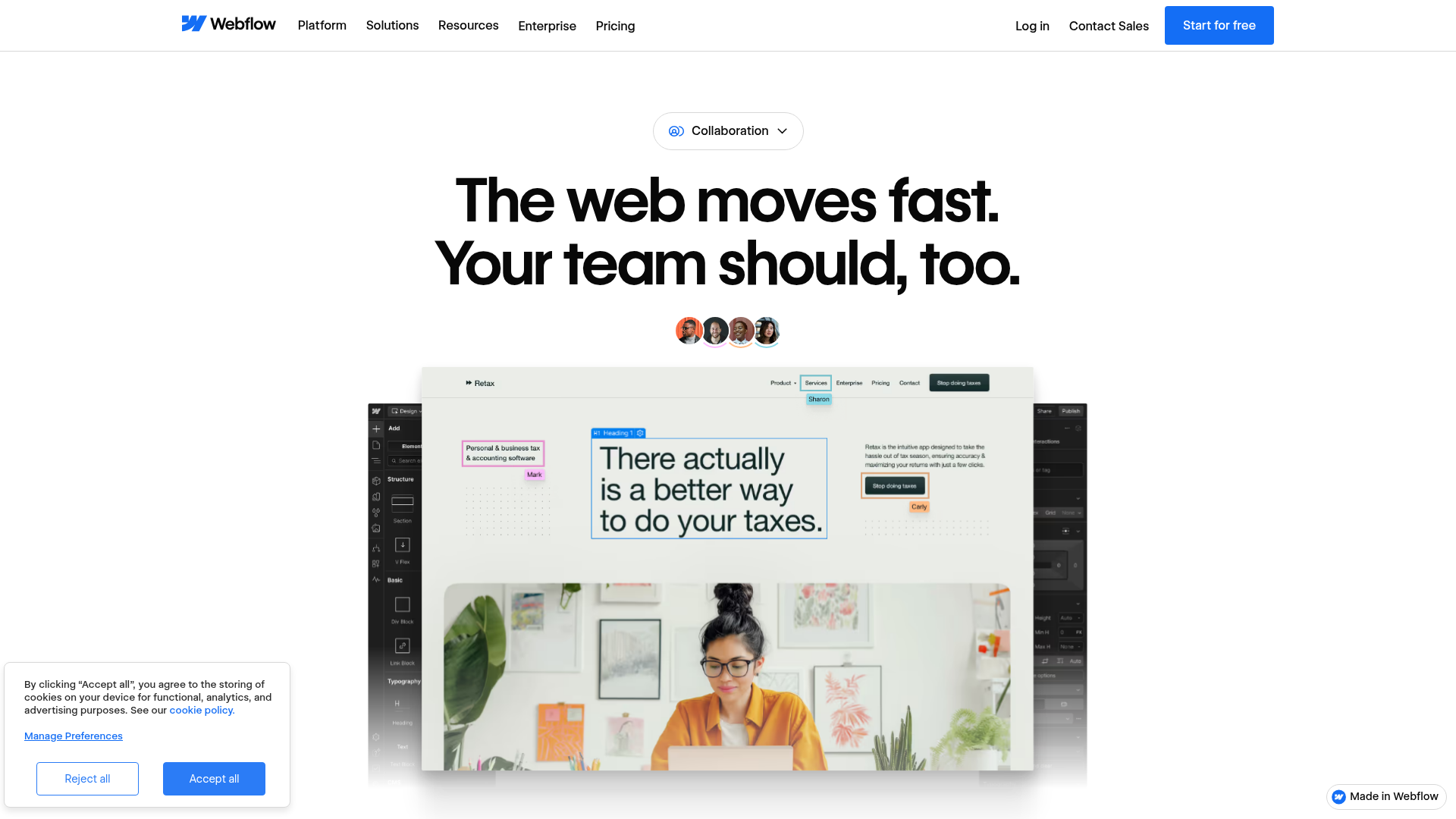 Webflow collaboration with live editing, comments, roles, and branches