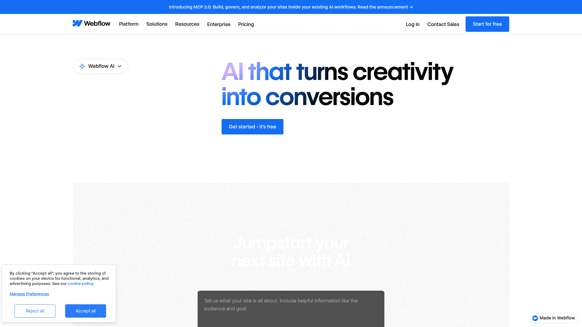 Webflow AI capabilities across design, content, code, SEO, and MCP workflows