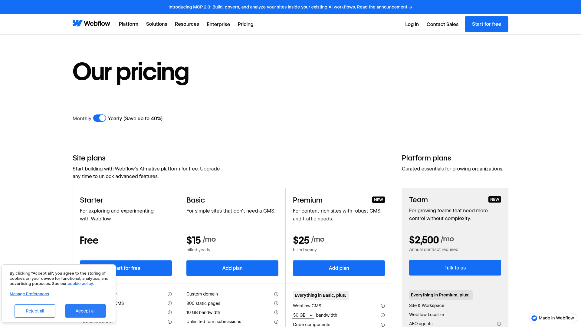 Webflow pricing page with Site, Workspace, ecommerce, and add-on plans