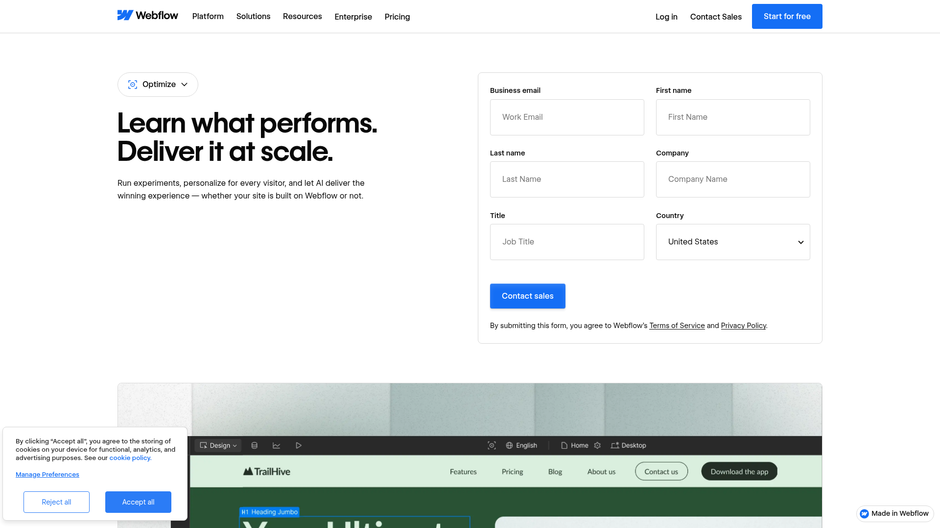 Webflow Optimize experimentation and personalization product