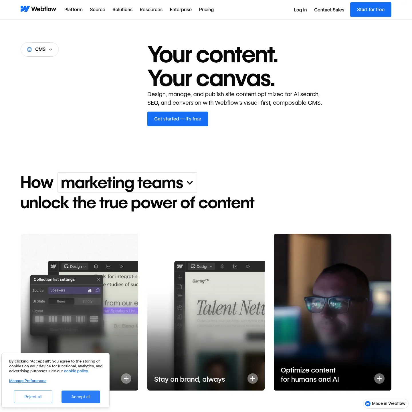 Página oficial do CMS do Webflow mostrando a gestão visual de conteúdo e a publicação estruturada