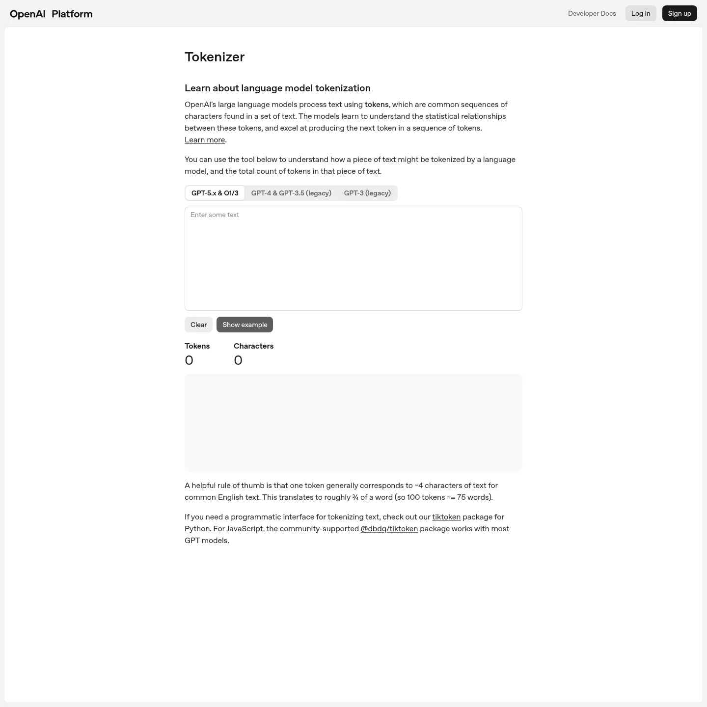 OpenAI's official visual tokenizer for inspecting how text is divided into tokens