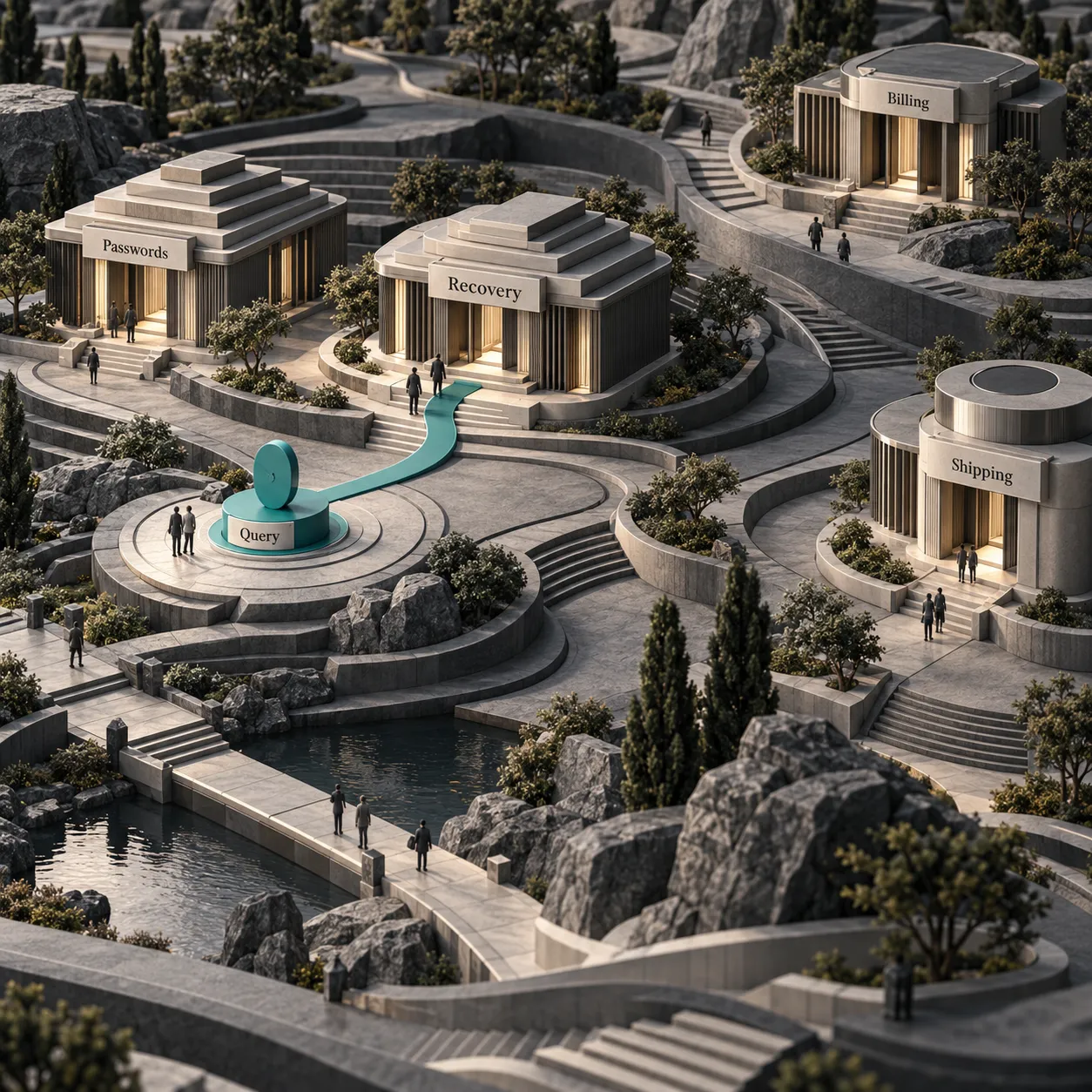 Architectural neighborhood map with a query close to recovery and password pavilions and farther from billing and shipping