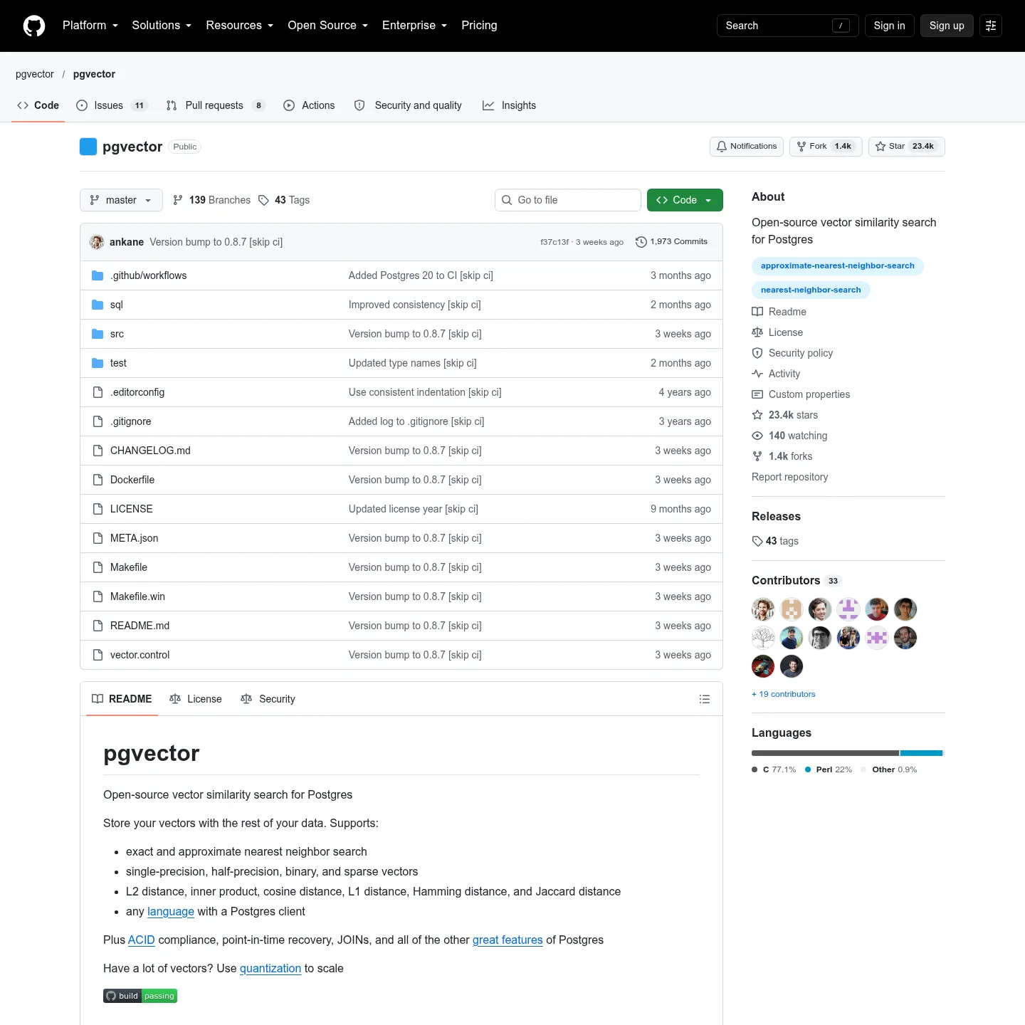 The pgvector repository and README documenting vector similarity search for PostgreSQL