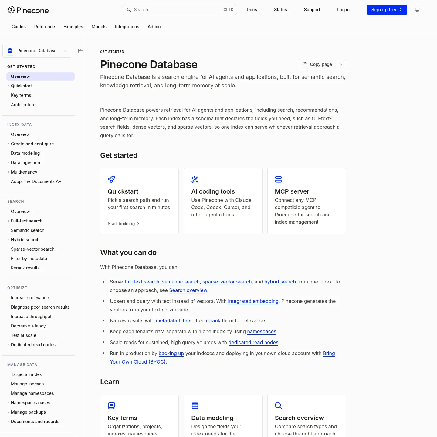 Pinecone documentation showing search, embedding and data-management capabilities
