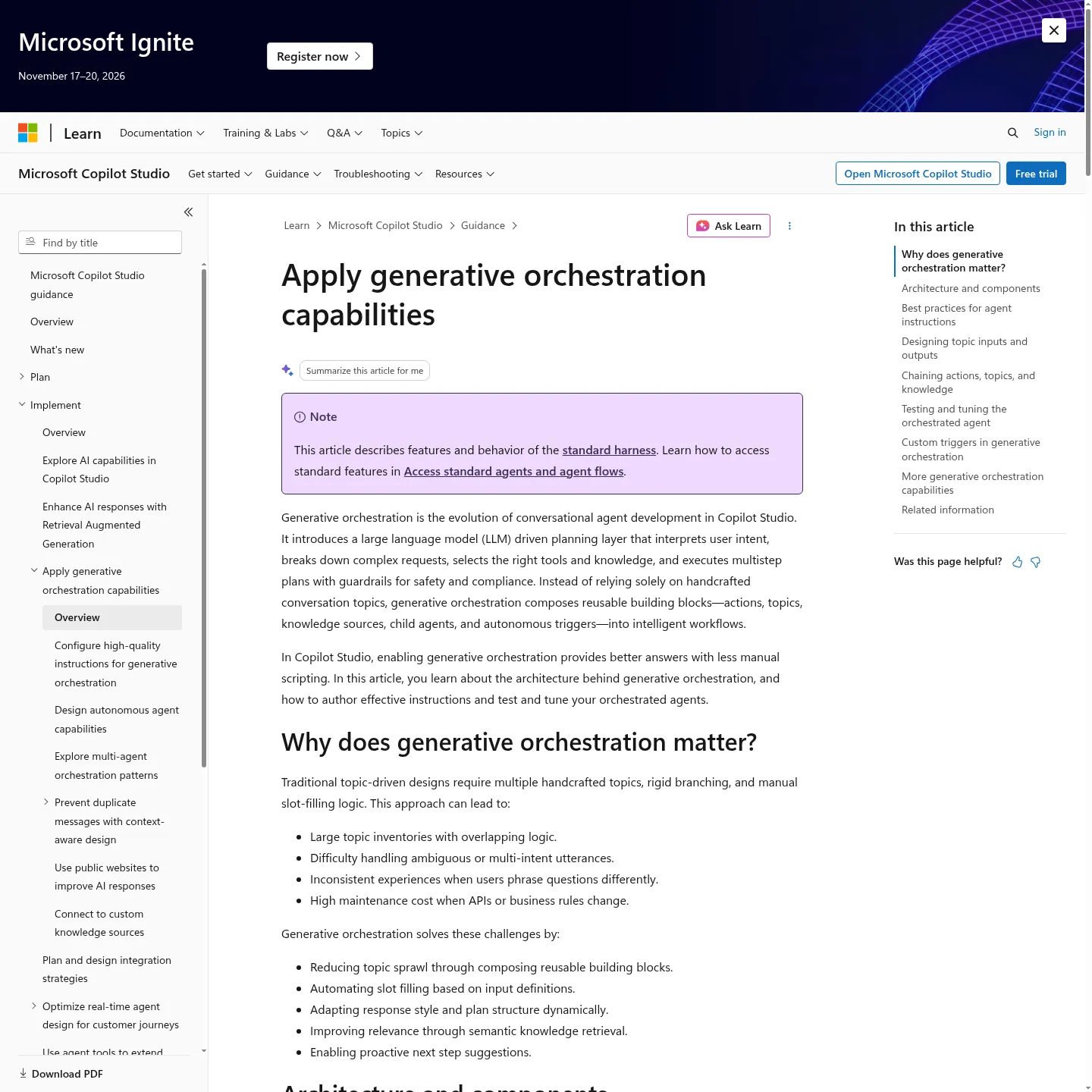 توثيق Microsoft Copilot Studio يشرح التخطيط والأدوات وطبقات التحكم.