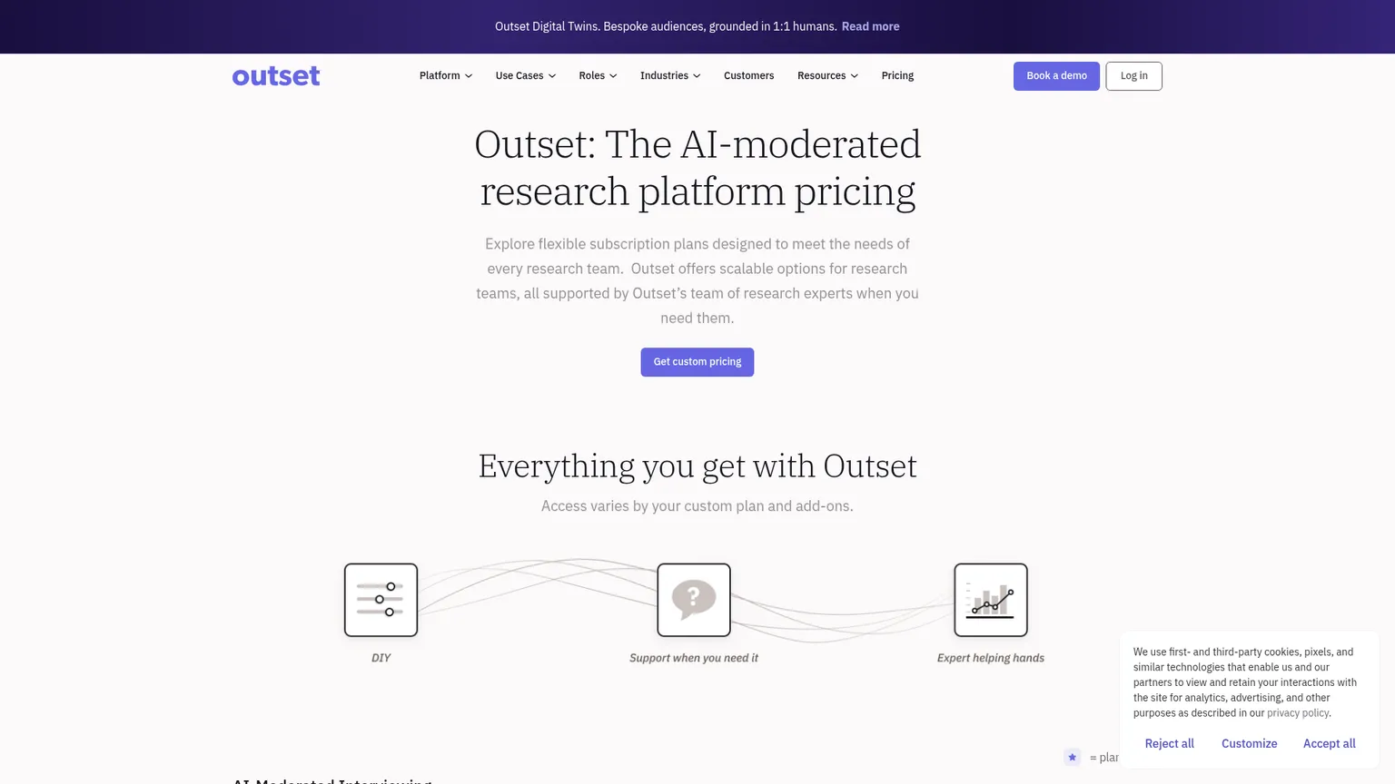 Pagina ufficiale dei prezzi di Outset con piani personalizzati e funzionalità di ricerca che dipendono dal piano