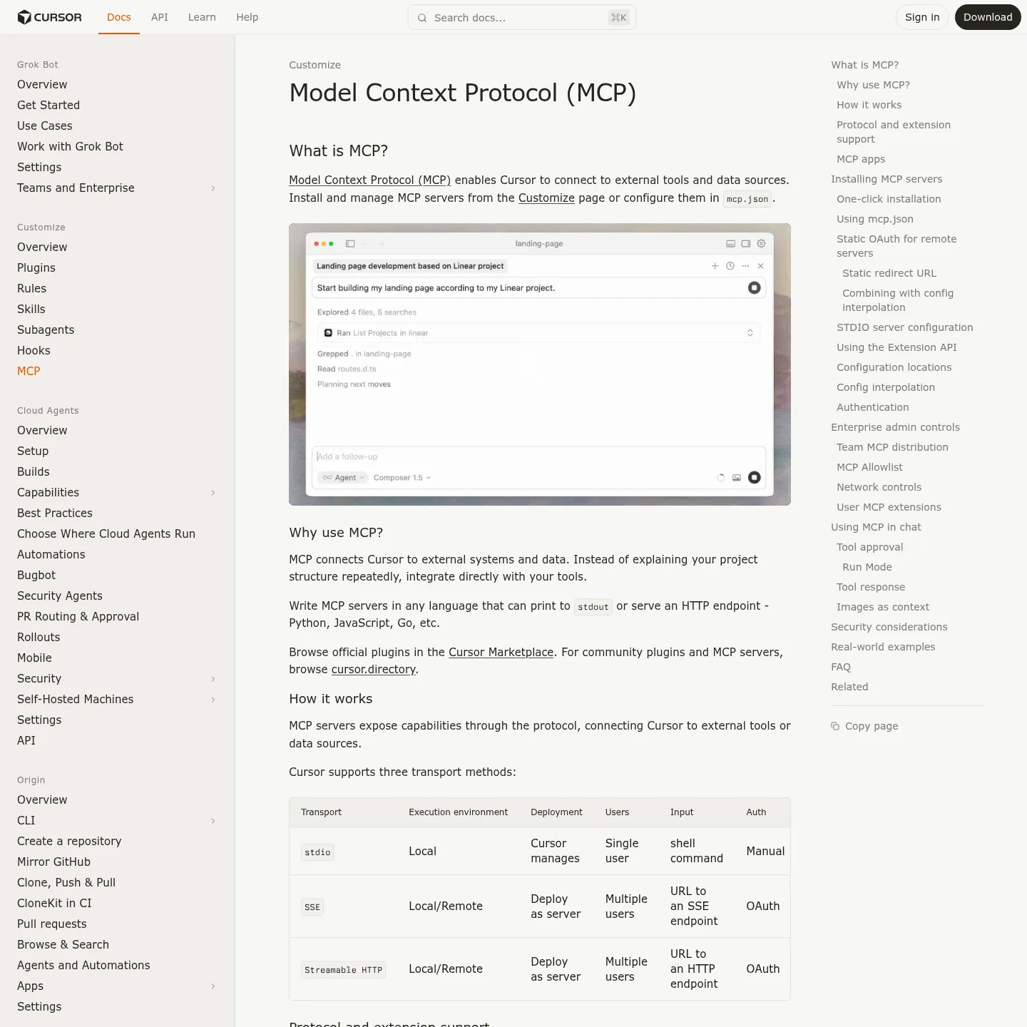 وثائق Cursor التي تعرض وسائل نقل MCP والقدرات المدعومة