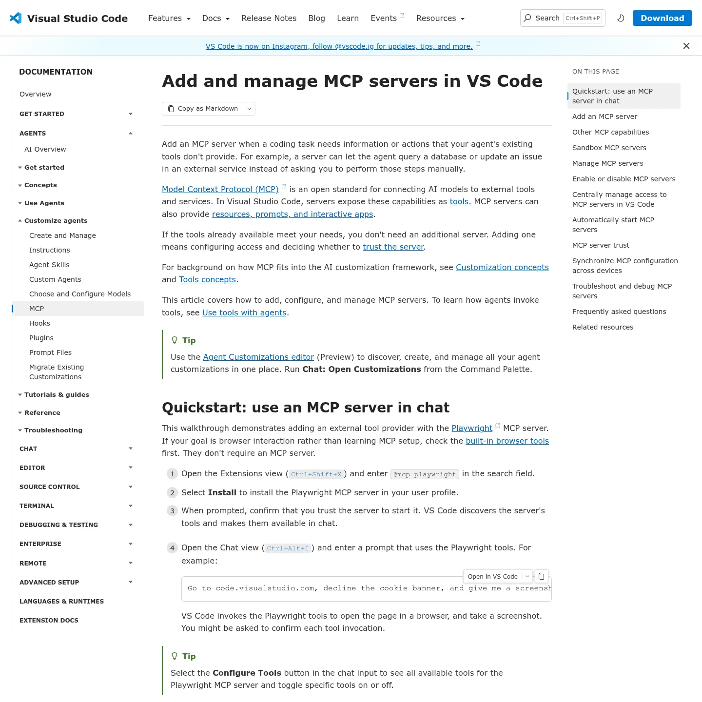 وثائق Microsoft لإضافة خوادم MCP وإدارتها في VS Code