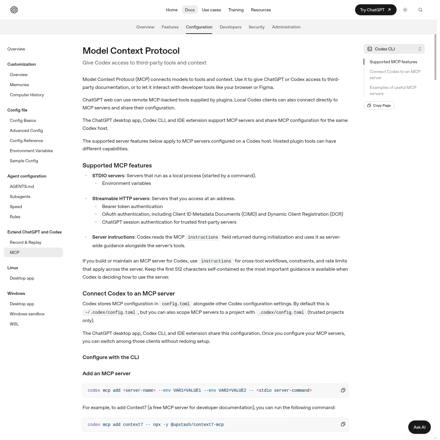 وثائق OpenAI لاتصالات MCP المحلية وعبر HTTP في Codex