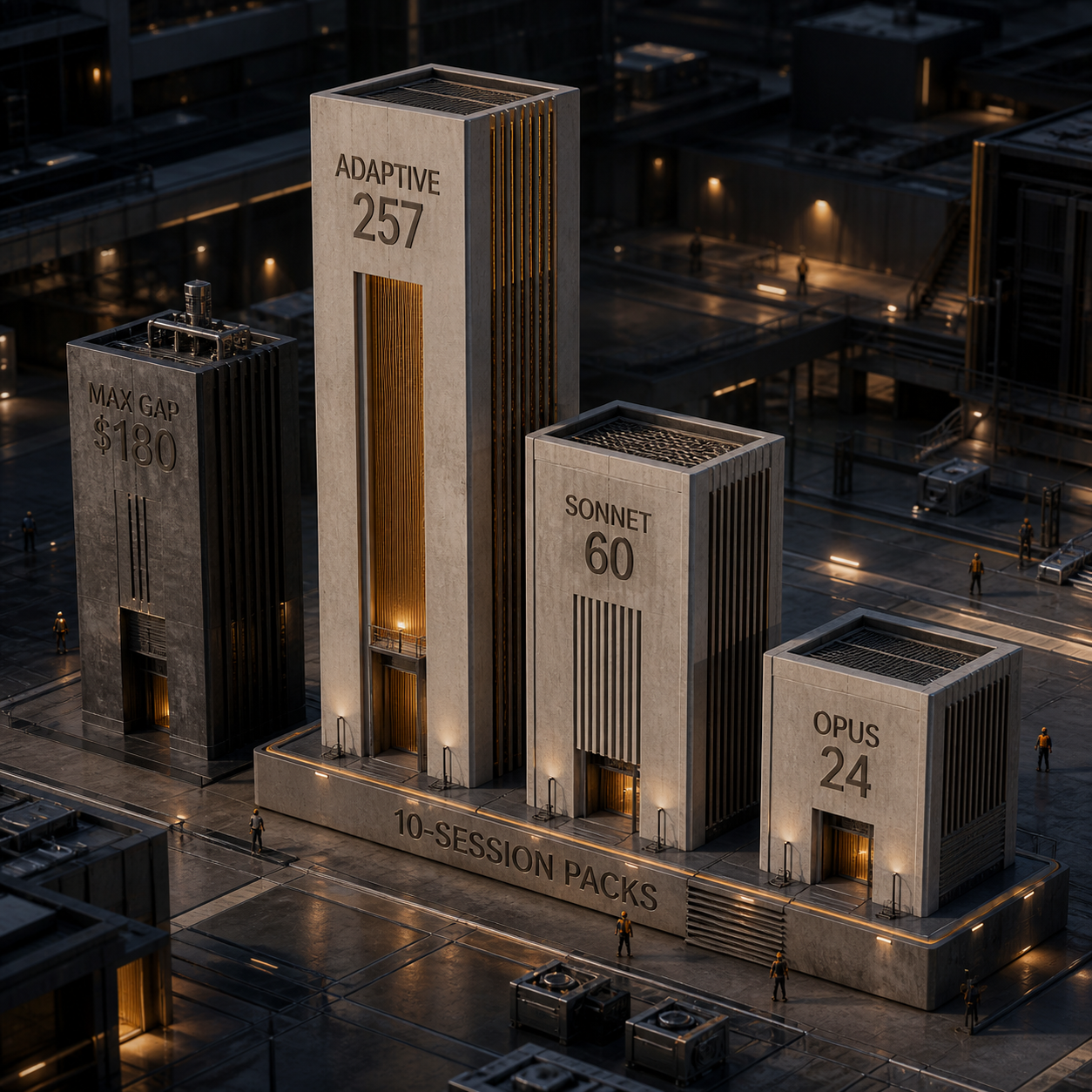 Architectural cost columns comparing the 180 dollar Max gap with 257 Adaptive, 60 Sonnet, or 24 Opus ten-session workload packs