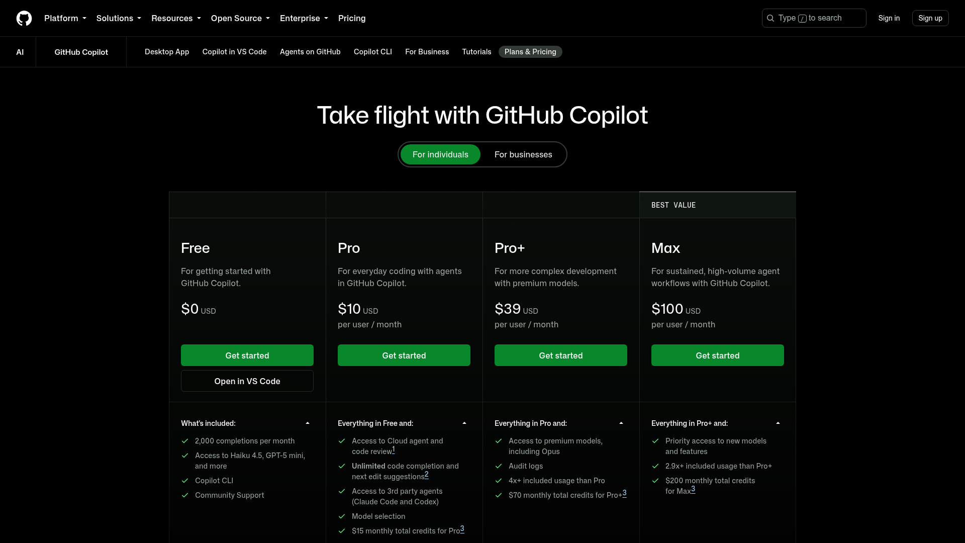 GitHub Copilot pricing page showing Free, Pro, Pro Plus, and Max plans