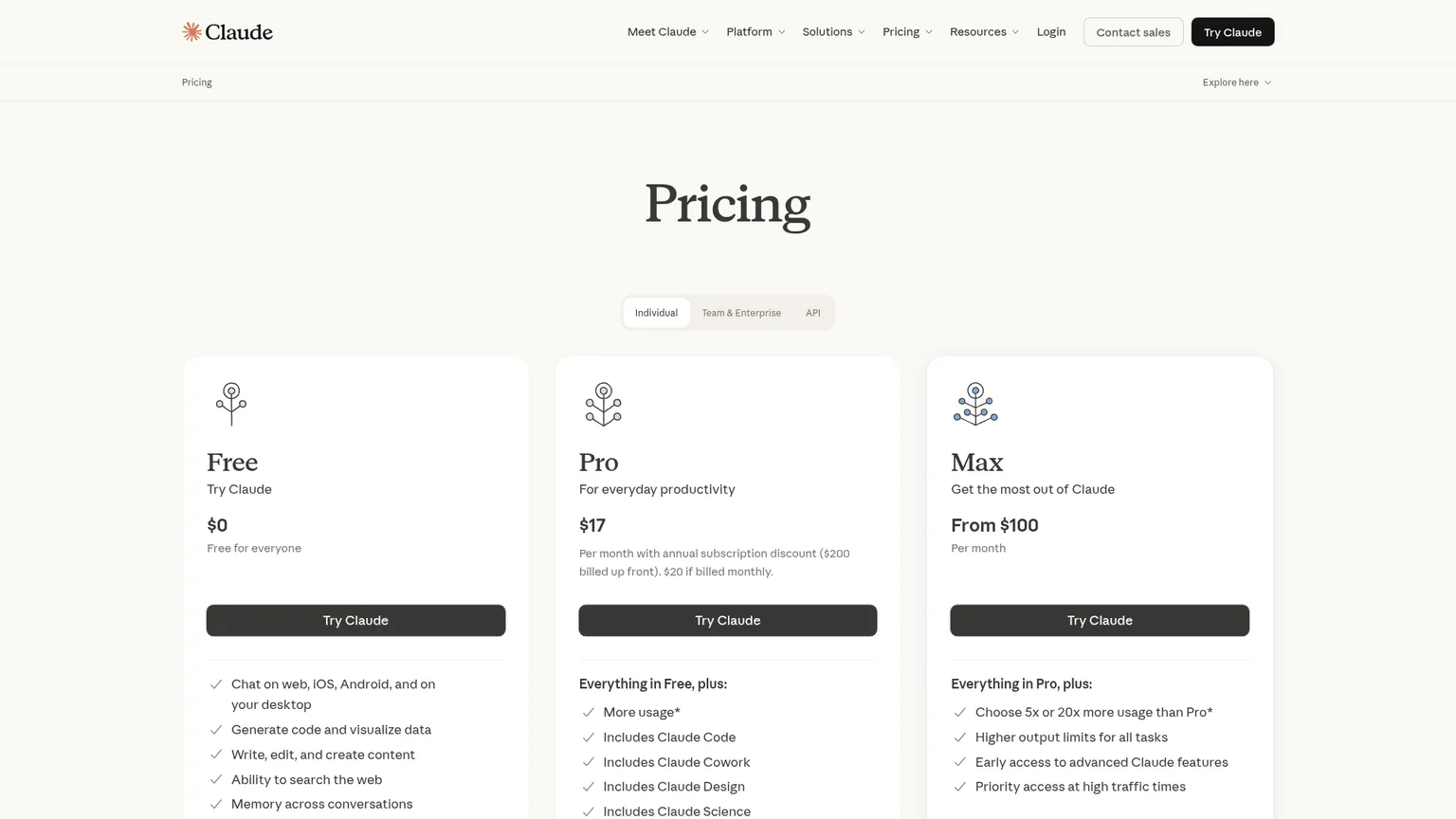 Claude pricing page showing Free, Pro, Max, and Team plans with Claude Code included
