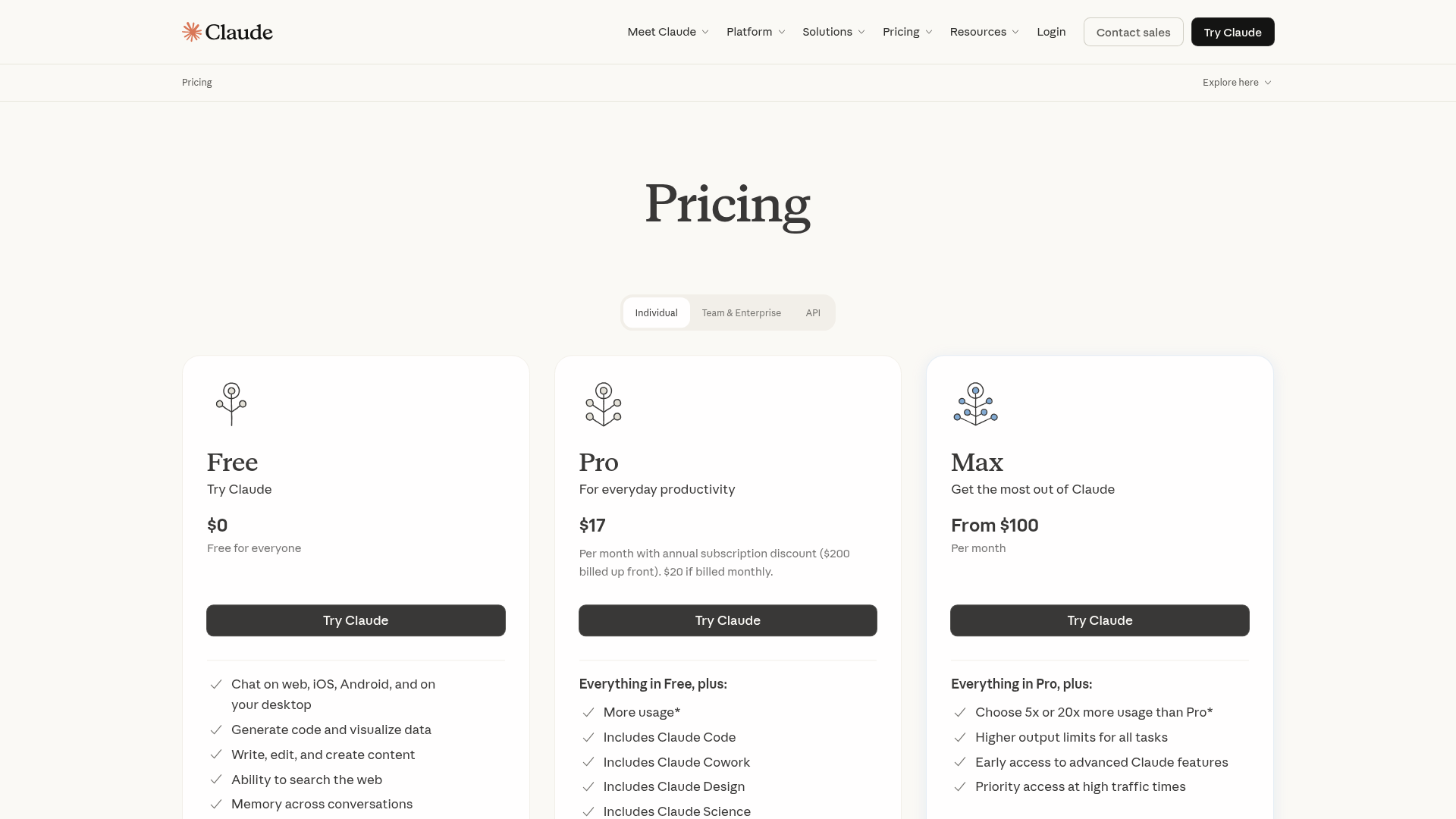 Claude pricing page showing Free, Pro, Max, and Team plans with Claude Code included