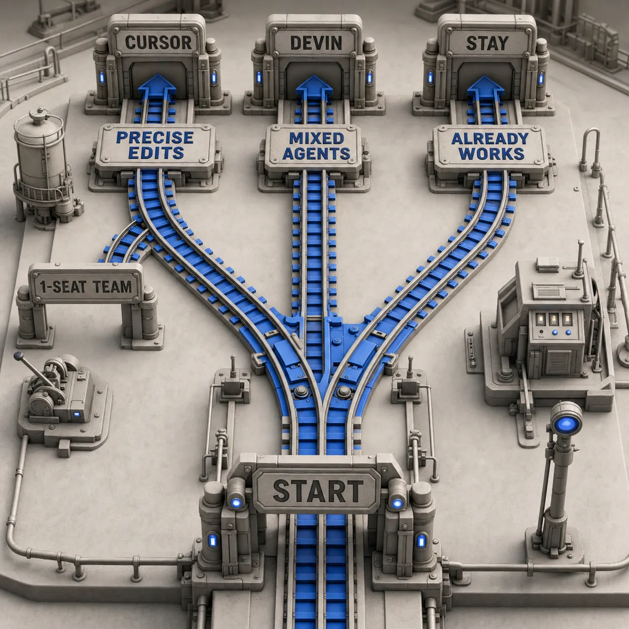 Diagramma decisionale che indirizza le modifiche precise verso Cursor, gli agenti misti verso Devin Desktop e chi ha già un sistema efficace verso la permanenza