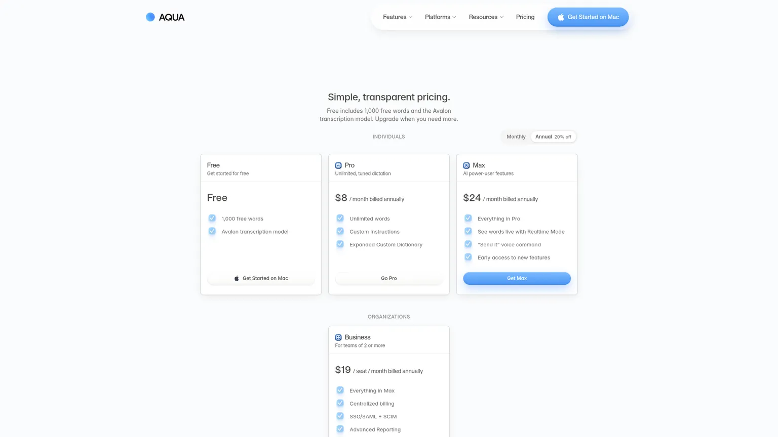 Aqua Voice 公开的 Free、Pro、Max 和 Business 价格与功能说明