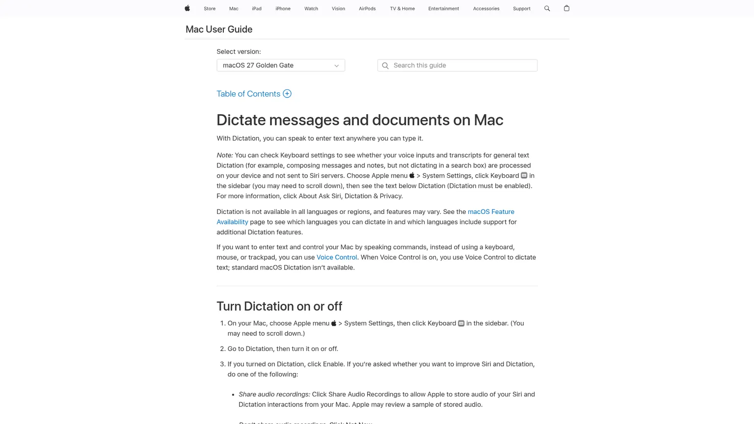 Apple 官方指南，说明如何启用 Dictation 并检查数据处理说明