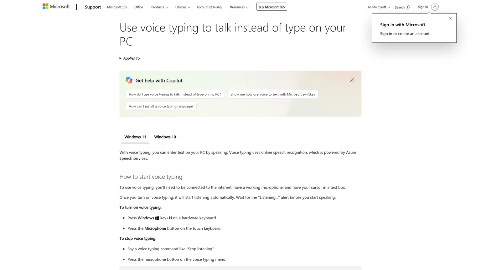 Microsoft 官方 voice typing 指南，展示 Windows 加 H 快捷键及联网要求