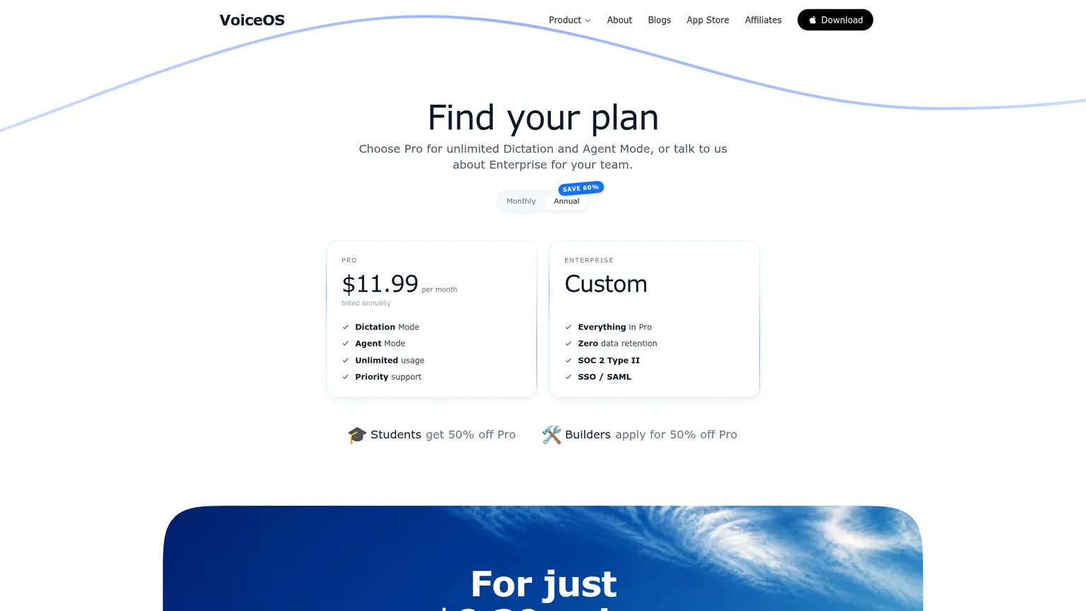 Proと個別見積もりのEnterpriseを掲載したVoiceOSの公開料金ページ