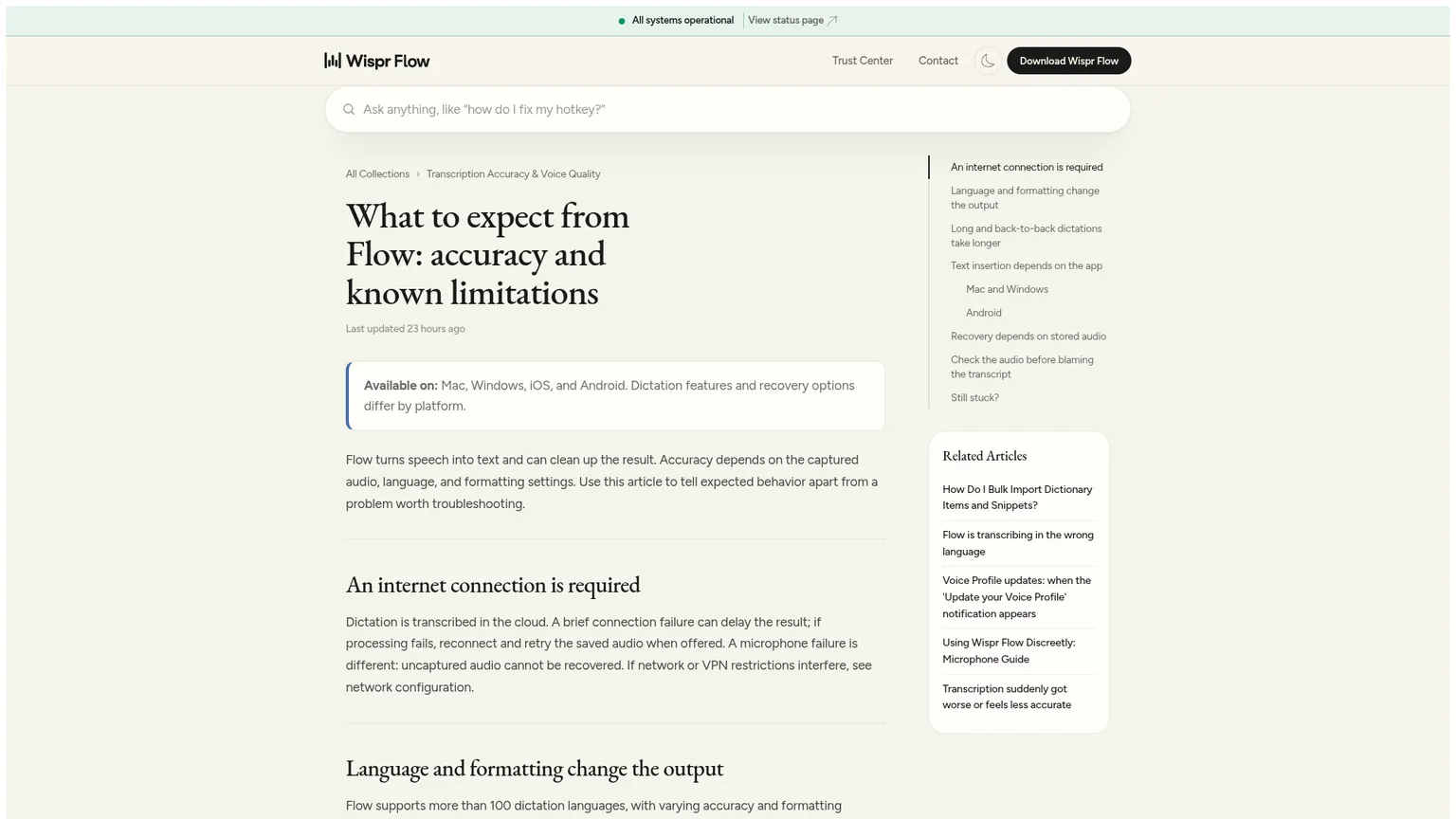 Documentación real de Wispr Flow sobre transcripción en la nube, precisión por idioma y límites de inserción