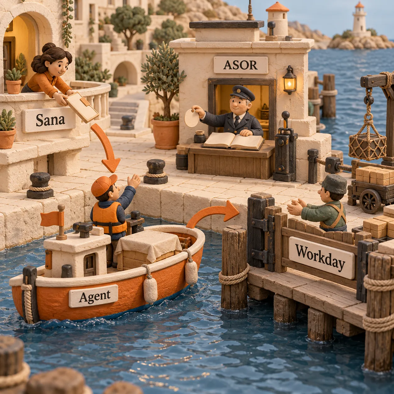 مشهد ميناء من الصلصال يوضح الفصل بين تنسيق Sana والوكيل وعمليات Workday ورقابة ASOR
