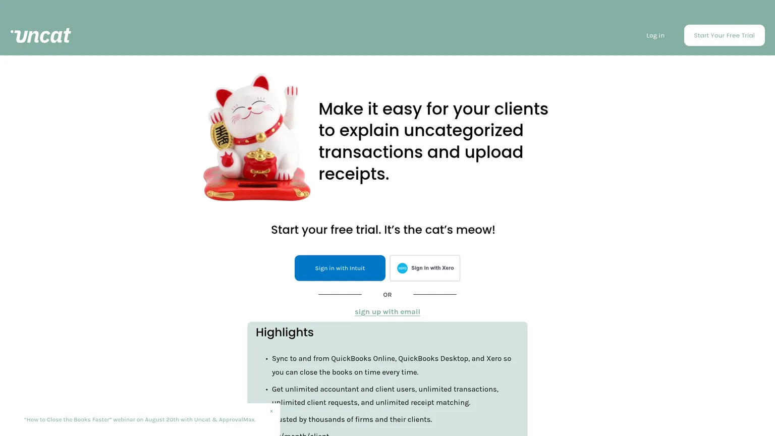 Page d'accueil d'Uncat présentant son prix par client et son workflow de traitement des transactions avec le client