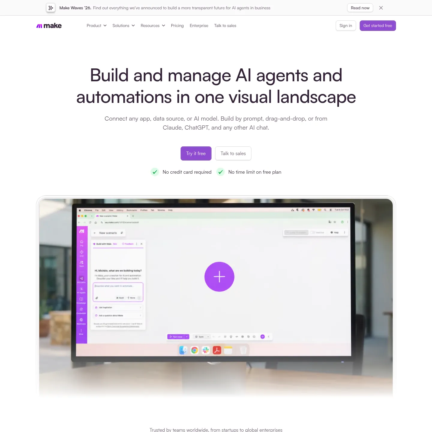 Pagina ufficiale di Make con la sua piattaforma di automazione visuale