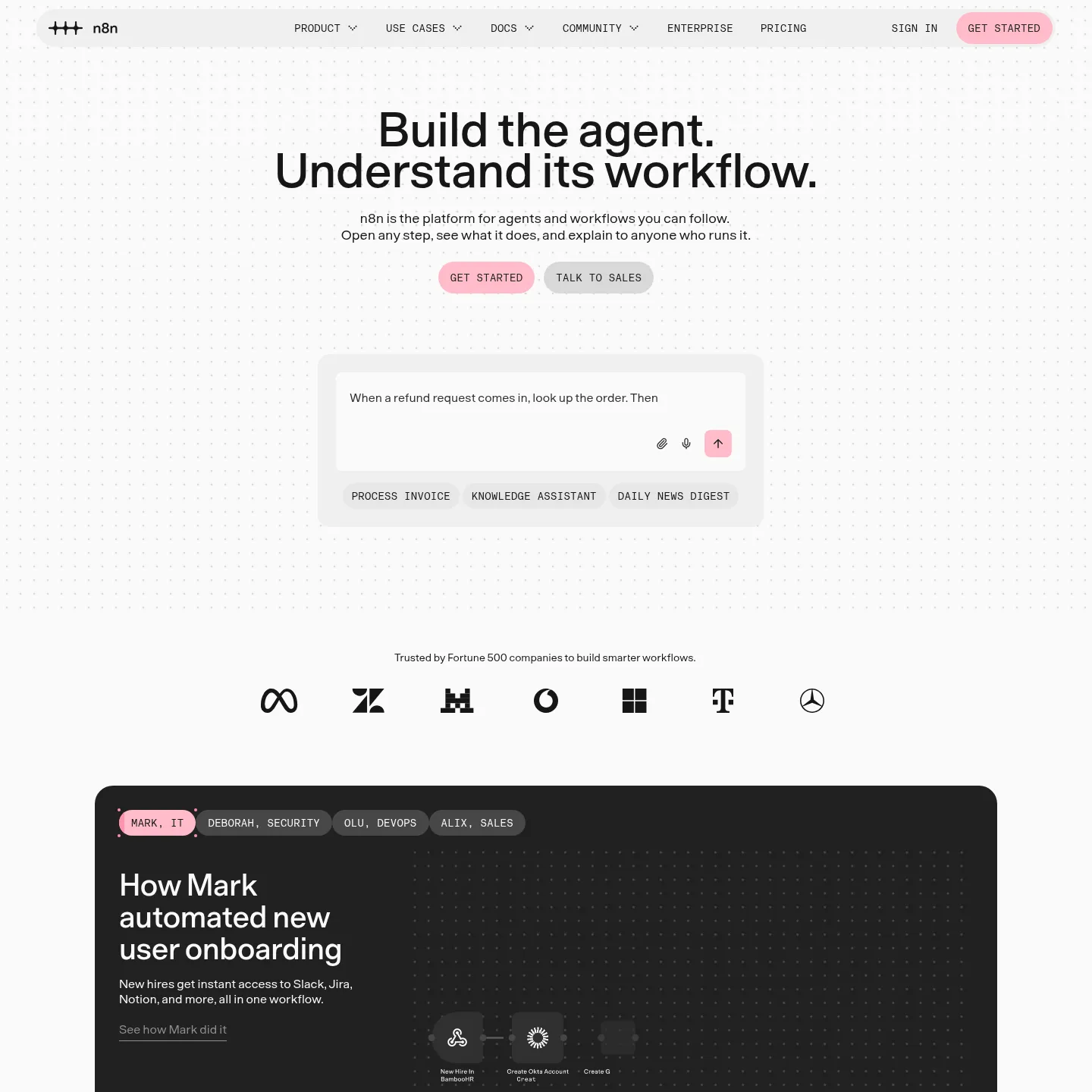 Pagina ufficiale di n8n dedicata ad agenti e workflow